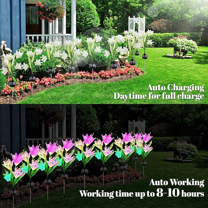 Solar Powered Lily Flower Lights Outdoor, Waterproof Color Changing Garden Lights with Large Solar Panel, 2 Pack for Patio, Yard, Pathway Decoration