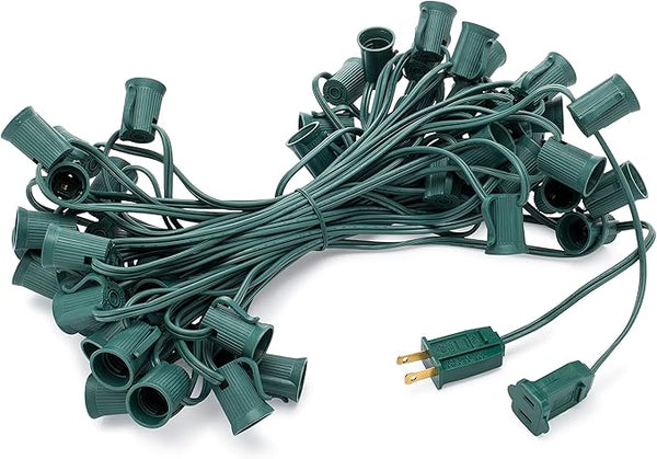 HLO Lighting C9 Light Strings | 50' Green Cord with 12" Socket Spacing, E17 Light Stringer for C9 Christmas Lights | Lumora