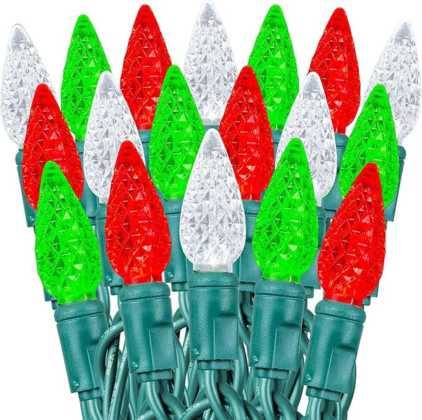 70 Light 24Ft Commercial Christmas String Lights C6 LED Strawberry Faceted Bulb – Red/Green/Pure White, Green Wire | Lumora
