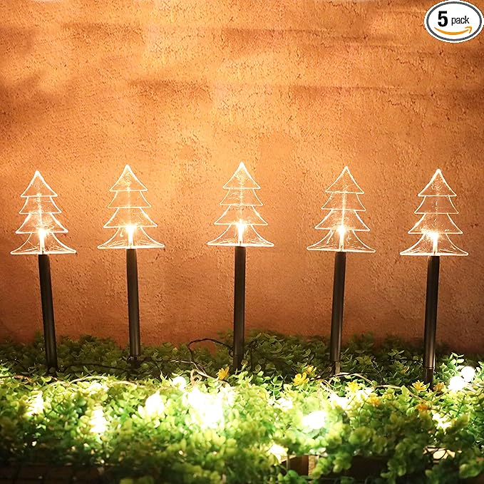 Solar Christmas Tree Led Pathway Lights Waterproof for Lawn Yard Walkway Garden Decor Christmas Home Decoration Warm White Landscape Light - 5 Pack