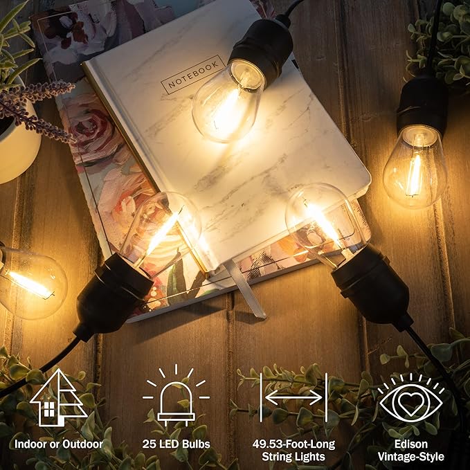 Outdoor String Lights - 50 Ft Patio Lights with 24 Vintage-Style LED Edison Bulbs and Hanging Sockets for Porch, Backyard, and Events by Pure Garden