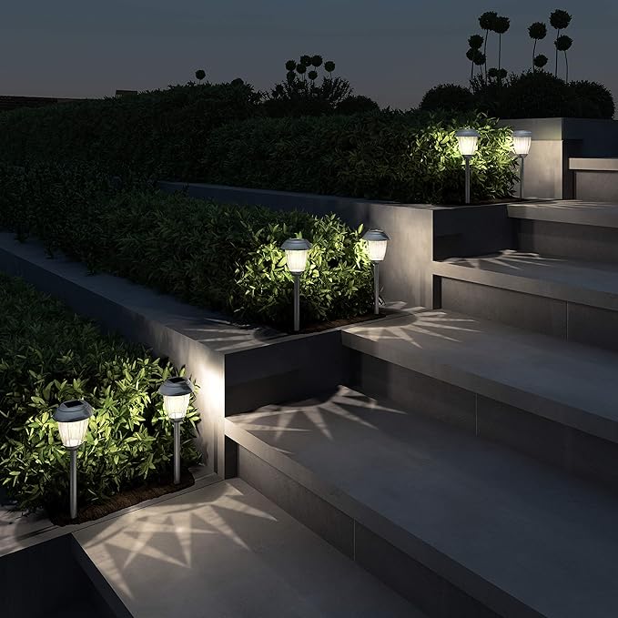 Solar Path Lights, Set of 8-16” Tall Stainless Steel Outdoor Stake Lighting for Garden, Landscape, Yard, Driveway, Walkway by Pure Garden (Gunmetal)