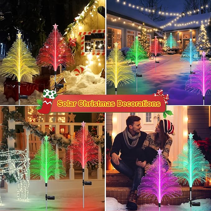 Solar Christmas Decorations, 6 Pack 38.5 Inch 7 Color Changing Jellyfish Lights with 5 Layer Optical Fiber Solar Flower Lights for Outdoor Xmas Yard Garden Pathway Decor
