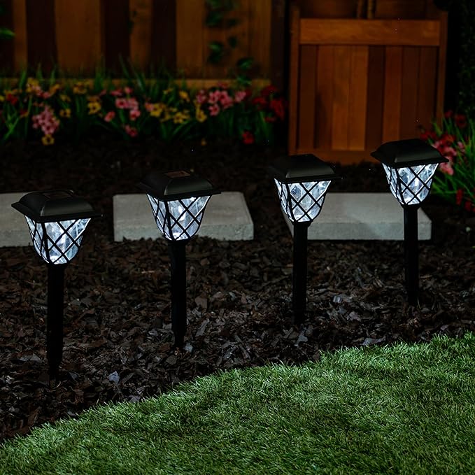 Alpine Corporation 16"H Solar Criss Cross Pathway LED Lights, Weather-Resistant Dusk and Dawn Automatic Light Sensor for Garden Landscapes, Black, Set of 4