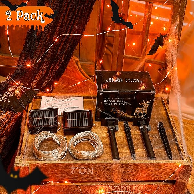 Woohaha Solar Halloween Lights Outdoor,2 Pack Each 33Ft 100LED Orange Halloween Lights,Copper Wire Solar Powered | Lumora