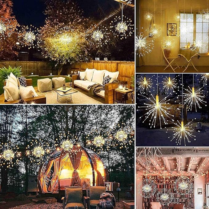 FOOING 6 Pack Firework Lights Led Copper Wire String Lights 8 Modes Battery Operated Fairy Lights with Remote,Wedding Decorative Hanging Light for Party Patio (Warm White)