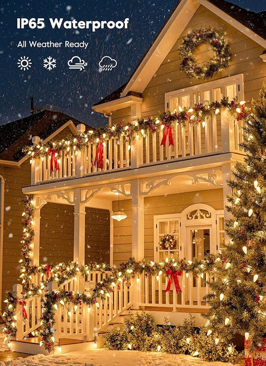 Moonflor C9 Christmas Lights Outdoor, Vintage Christmas String Lights 100FT 100LED Green Wire (Warm White)