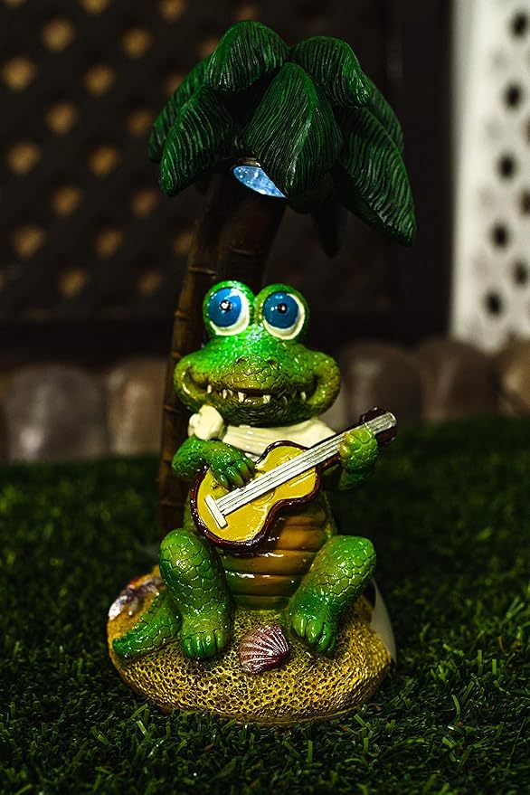 Crosslight Solar Crocodile Playing Guitar Under a Palm Tree Yard Light Decoration, Weatherproof with White LED's