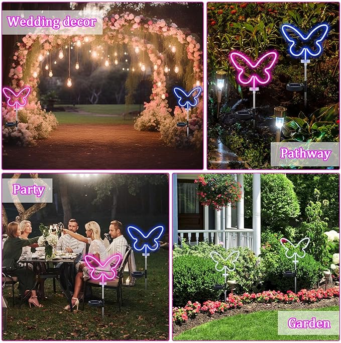 2 Pcs Butterfly Solar Lights Outdoor Decor Butterfly Neon Lights Yard Solar Lights for Outside Waterproof Decorations with Stake for Garden Patio Yard Pathway Decoration Gardening Gifts