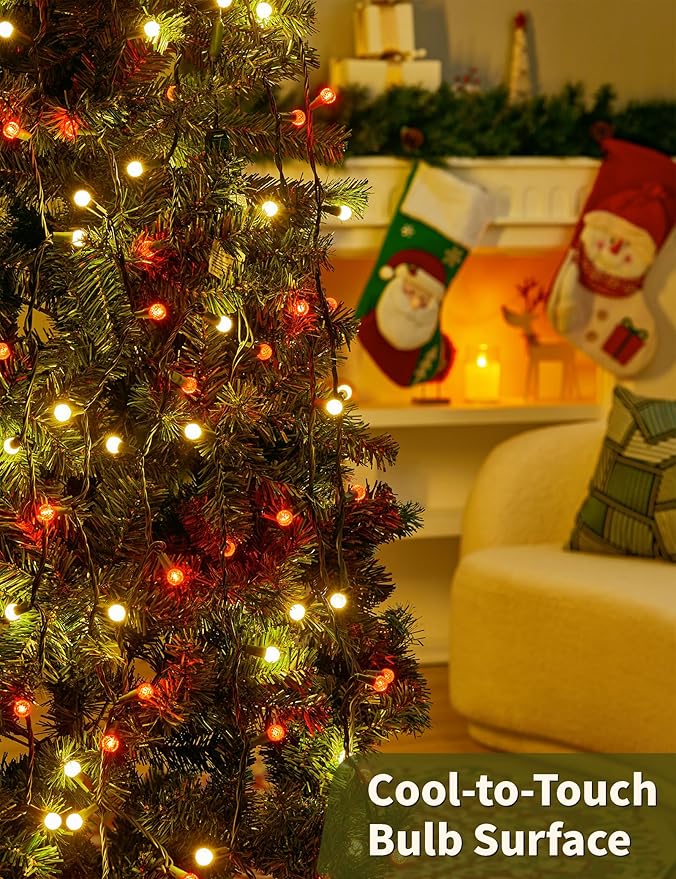 BOHON Christmas Lights 17FT 50 LED Faceted G15 Red and Warm White String Lights Outdoor Plug in Commercial Lighting Grade Tree Decorations for Indoor Xmas Decor, Green Wire, Waterproof