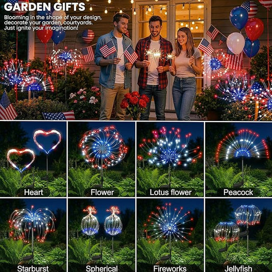 ITICdecor Solar Garden Lights Firework Lights 2 Pack 120 LED Red White Blue Solar Fairy Light Outdoor Waterproof for Independence Day President Memorial Day Christmas Party Patriotic Decorations