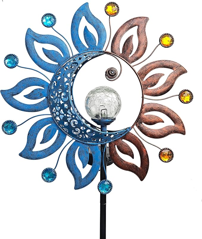 Sun Moon Solar Lights Garden Stake Outdoor Decoration,Sun Moon Crackle Glass Globe Solar Metal Stake Light, Waterproof LED Light for Pathway Lawn Patio Courtyard Backyard(39 Inch)