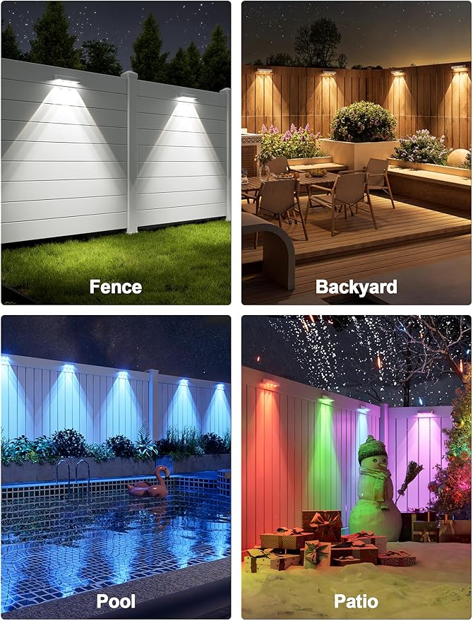 APONUO Solar Fence Lights Outdoor Waterproof, Fence Lights Solar Powered, 12 RGB Color Modes & Warm White & Cool White, Fence Solar Light Outdoor for Backyard, Patio, Wall, Deck, Yard(8 Pack, White)