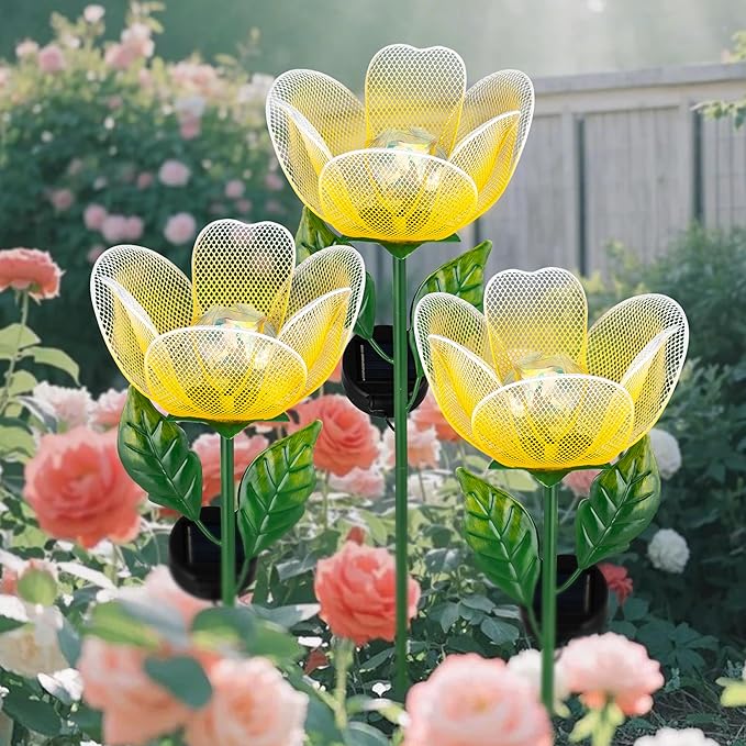 Solar Garden Lights,2 Pack Solar Metal Flowers with Breathing Light,Yard Pathway Lights Outdoor Solar Powered,Outside Lights for Yard Garden Outdoor Pathway Decor