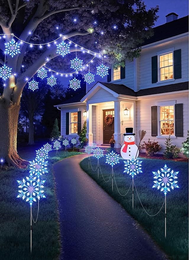 Brightown Snowflake Lights Outdoor, 10 Large Snowflake Christmas Pathway Lights, Christmas Decorations Outside Yard Sidewalk Walkway Driveway Marker Stake, Blue & White