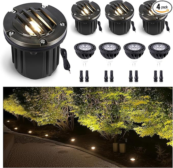 Gardenreet Outdoor Low Voltage Well Lights - Brass 12V LED Replaceable Bulb In-Ground Lighting, Low Voltage Grated | Lumora