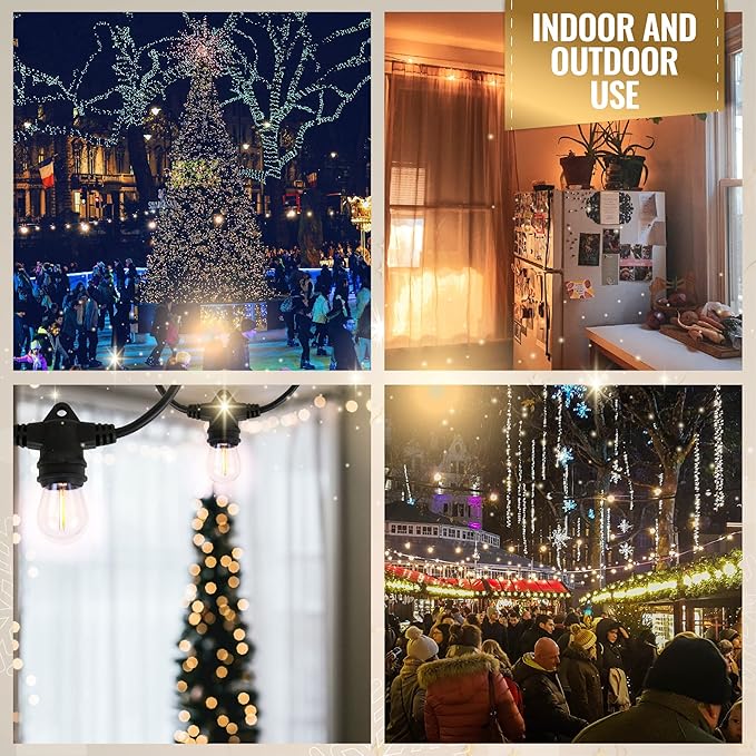 Aurio 48ft Waterproof Outdoor String Lights with Inline Vintage LED Edison Bulbs - Commercial Grade Patio Lights for Cafe Ambiance - 36 in Light Spacing