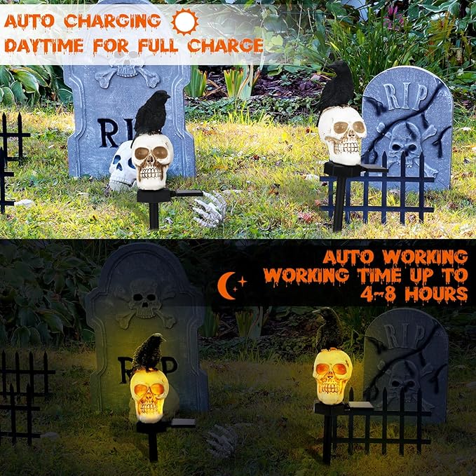 Retisee 2 Pcs Halloween Garden Decor Solar Skull Lights with Black Crow on Skull Waterproof Solar Skeleton Lights Outdoor LED Light up Skeletons Halloween Outdoor Decor for Garden Pathway Lawn Yard