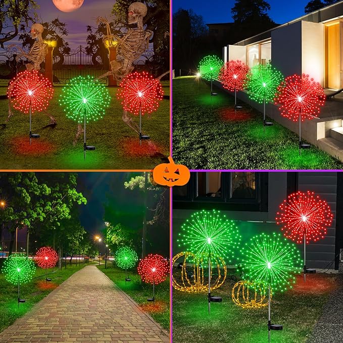 4th of July Decorations Outdoor 4 Pack Colored Solar Firework Lights with 180 LED Patriotic Solar Lights 8 Lighting Modes for Yard Pathway Garden Patio Party Decorations(Red Green)