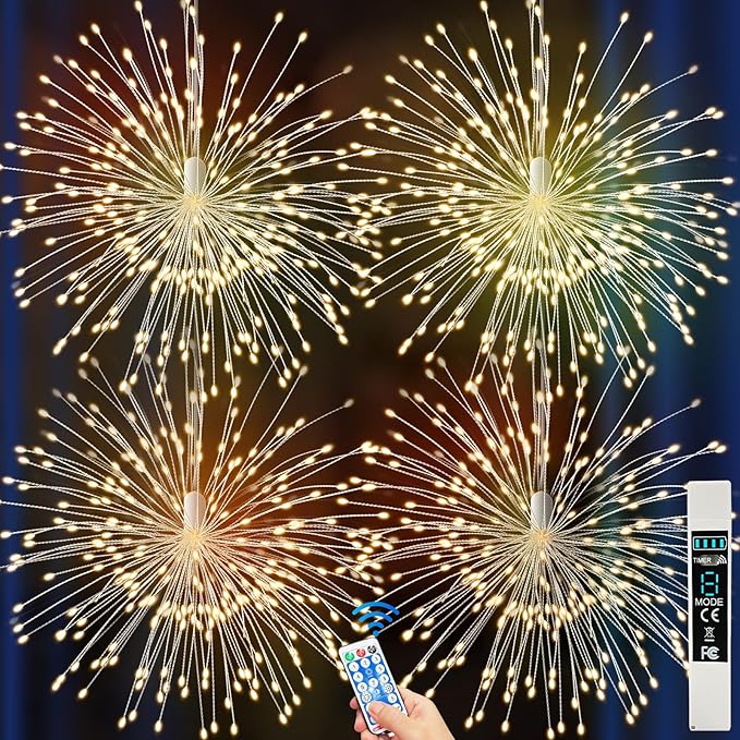 Firework Lights Outdoor 800 LED, String Light USB Rechargeable Battery Powered Smart with Remote, 8 Modes, Timer for Christmas Tree Birthday Party Decorations Indoor Bedroom Night Light, 4 Packs