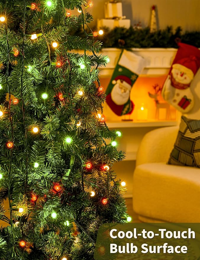 BOHON Christmas Lights 17FT 50 LED Faceted G15 Red White and Green String Lights Outdoor Plug in Commercial Lighting Grade Tree Decorations for Indoor Xmas Decor, Green Wire, Waterproof