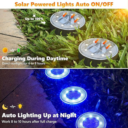 Joomer Solar Ground Lights, 8 Pack 8 LED Solar Lights Outdoor IP68 Waterproof Solar Disc Lights In-Ground Landscape Lighting Outdoor Lights for Patio Pathway Lawn Yard Driveway Walkway (Blue)