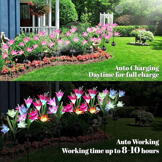 3 Pack Solar Powered Lily Flower Lights Outdoor, Waterproof Color Changing Garden Lights with Large Solar Panel for Patio, Yard, Pathway Decoration