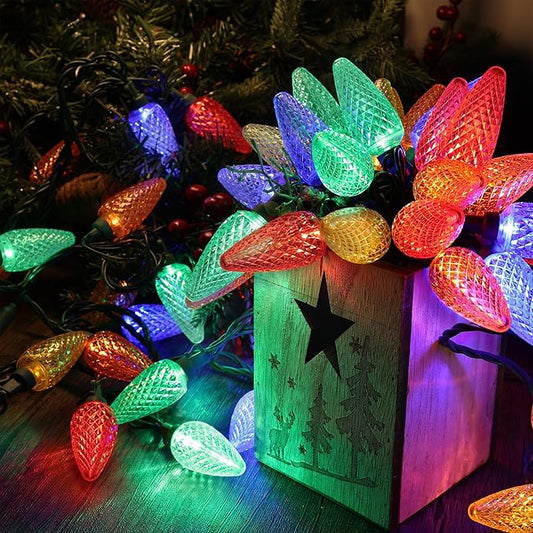 Brizled Colored Christmas Lights, 33ft 50 LED C9 Faceted Christmas Outdoor Lights, 120V UL Certified Tree Light, Connectable Xmas Roof Light for Christmas Tree Garden Yard Party Patio House Decor