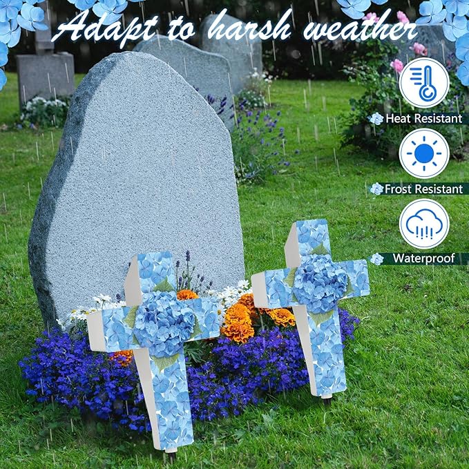 Yousoontic Hydrangea Solar Stake Light for Outdoor Memorial Hydrangea Garden Cross Stake Light for Grave Cemetery Blue Flower Solar Cross Garden Decor for Home Patio Yard Pathway Lawn Decoration