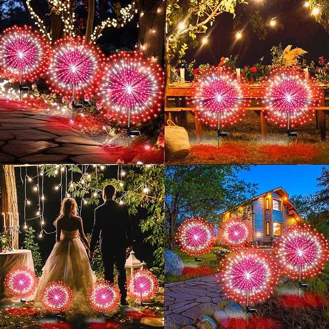 4 Pack Valentines Day Solar Firework Lights 180 LED 8 Lighting Modes Waterproof Solar Lamps Decorative Garden Stake Lights for Valentines Wedding Party Pathway Patio Decor
