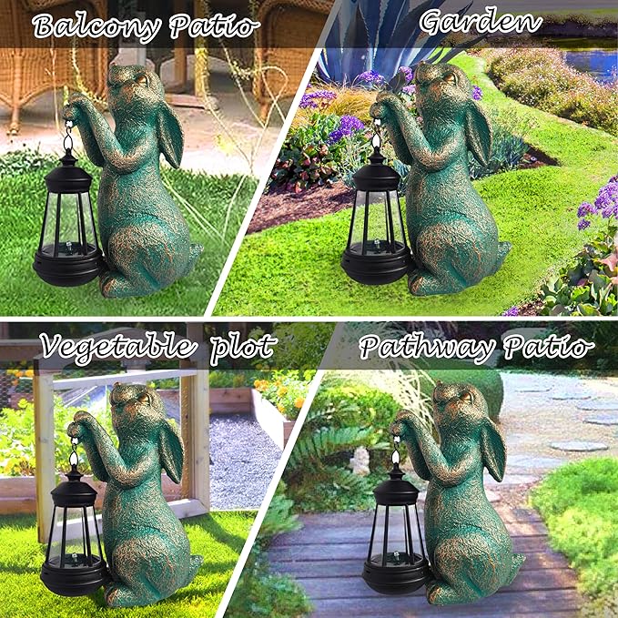 Rabbit Garden Statue Outdoor Décor with Solar Lights Lantern,Rabbit Solar Light Figurines Outside Decorations for Yard,Lawn, Patio, Balcony, Unique Housewarming Gifts