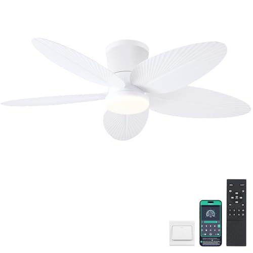 Surtime Palm Leaf Ceiling Fans with Lights-42 Tropical Ceiling Fan with Light and Remote/APP Control,Flush Mount Low Profile White Ceiling Fans for Bedroom,Indoor/Outdoor Patio Use
