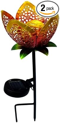 2 Pack Outdoor Solar Tulip Light, Crackle Globe Glass Metal Flower Decorations Lights for Lawn Ornaments, LED Lotus Hollow Petal Stake Light for Patio Yard Lawn Walkway Ground