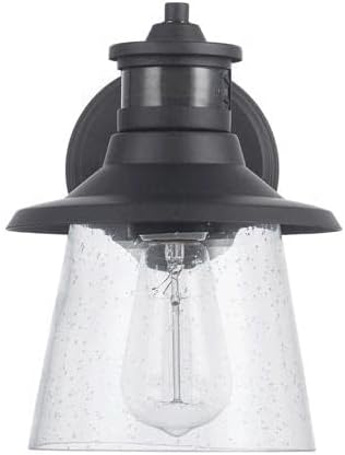 Globe Electric 32982 1-Light Motion Sensor Wall Sconce, Outdoor, Matte Black, Clear Seeded Glass Shade, 150 | Lumora