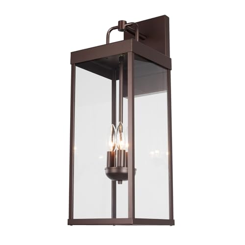 Outdoor Wall Sconce Light, 24 Inch Tall Transitional Exterior Wall Bracket Lighting with Clear Glass, Anti-Rust Powder Coat Bronze Modern Outside Carriage Lantern Lamp for Porch Garage Patio