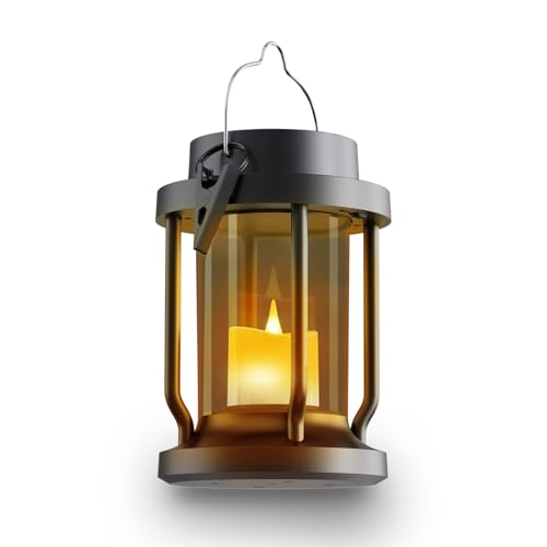 Solar Lantern Outdoor & Indoor Use – Hanging Solar Lights with Realistic Flickering Flameless Candle, Weatherproof for Gardens, Patios, Trees, and Lawns (Black + Gray, 1 Pack)