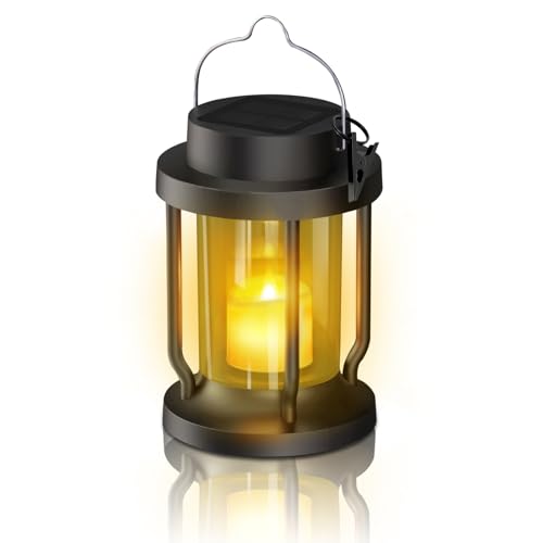 Solar Lantern Outdoor & Indoor Use – Hanging Solar Lights with Realistic Flickering Flameless Candle, Weatherproof for Gardens, Patios, Trees, and Lawns (Black + Amber, 1 Pack)