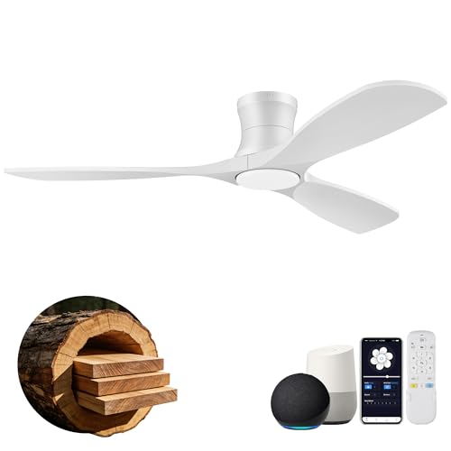 52” Smart Low Profile Ceiling Fans with Light Remote,Wood,Flush Mount,White