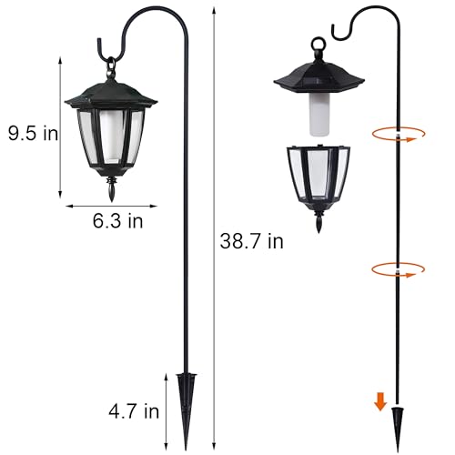6 Pack Solar Flame Hanging Lights Outdoor, Halloween Solar Flickering Flame LED Garden Lanterns with 6 x 38 Inch Shepherd Hooks, Christmas Lighting for Lawn Patio Yard Pathway Driveway