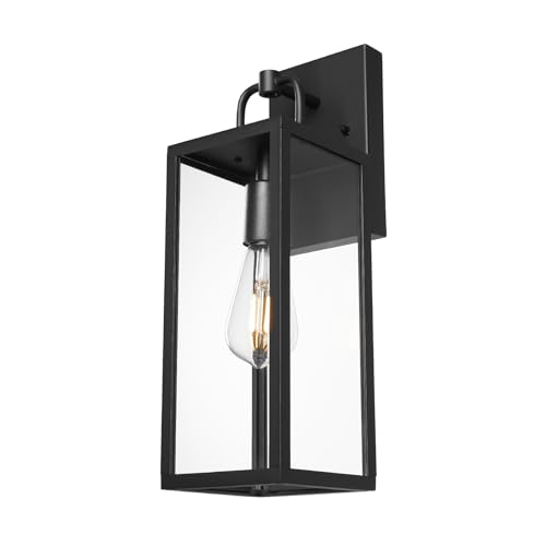 Transitional Outdoor Wall Sconce Light, 16 Inch Tall Modern Exterior Wall Lighting with Clear Glass, Anti-Rust Powder Coat Black Outside Lantern Lamp for Front Porch Doorway Patio, 1 Pack