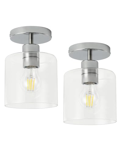 2 Pack Chrome Semi Flush Mount Ceiling Light,Clear Glass Cylinder Shade