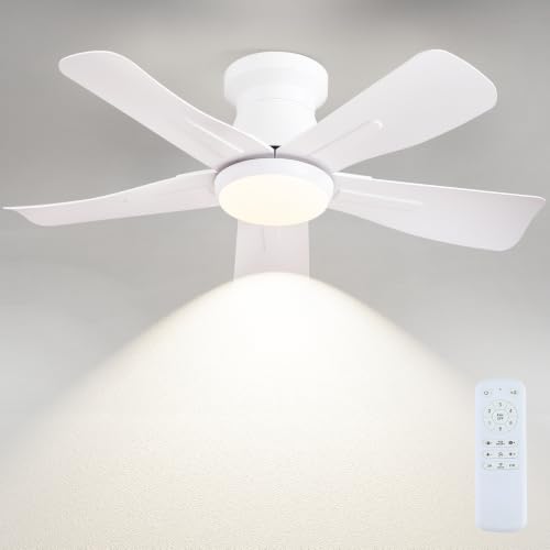Surtime 36" White Low Profile Flush Mount Ceiling Fan with Light and Remote