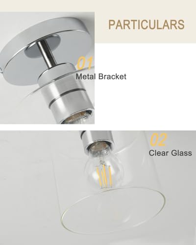 2 Pack Chrome Semi Flush Mount Ceiling Light,Clear Glass Cylinder Shade