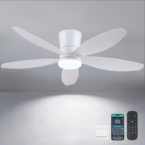 Surtime 48" Ceiling Fans with Lights-Low Profile Ceiling Fan with Light and Remote/APP Control,Flush Mount,DC Reversible,LED Dimmable Modern Ceiling Fans for Bedroom,Indoor/Outdoor Patio Use(White)