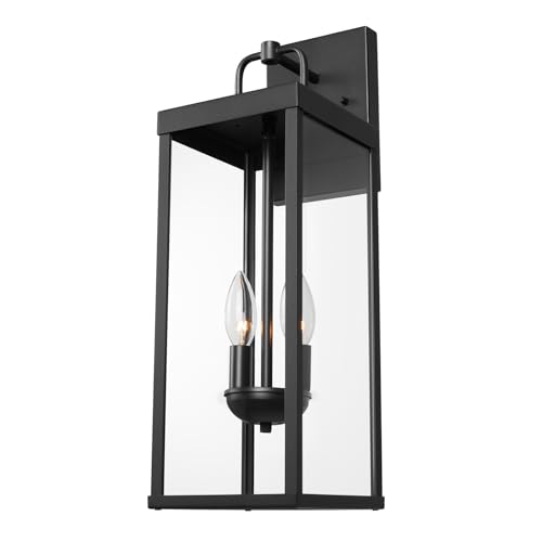 Outdoor Wall Sconce Light, 20 Inch Tall Transitional Exterior Wall Bracket Lighting with Clear Glass, Anti-Rust Powder Coat Black Modern Outside Lantern for Front Porch Corridor Doorway Patio