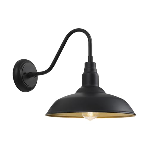 14in Dome Large Outdoor Barn Lights, Black Exterior with Gold Interior Gooseneck Light Fixture, Outside Wall Mount Industrial Sconce for Porch Farmhouse Garage Front Door Patio Entryway