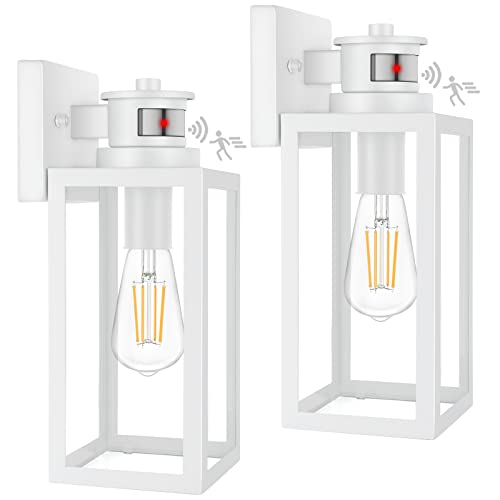 2-Pack Motion Sensor Outdoor Wall Lantern, Dusk to Dawn Exterior Light Fixtures Wall Mount, White Outside Light for House, Waterproof Outside Lantern Sconces, Anti-Rust Porch Lighting with Clear Glass