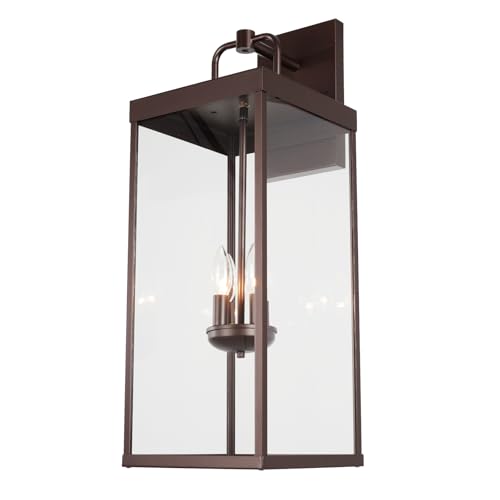 Outdoor Wall Sconce Light, 28 Inch Tall Transitional Exterior Wall Bracket Lighting with Clear Glass, Modern Anti-Rust Outside Bronze Carriage Lantern Lamp for Front Porch Corridor Doorway Patio