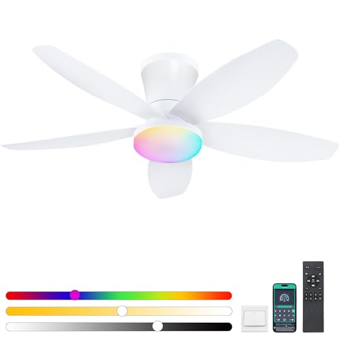Surtime Flush Mount RGB Ceiling Fans with Lights-36 Low Profile Ceiling Fan with Light and Remote/APP Control,DC Reversible,LED Dimmable Ceiling Fans for Bedroom,Indoor/Outdoor Patio Use(White)