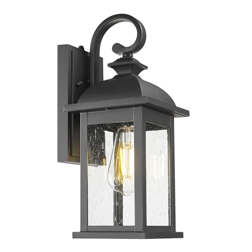 FEMILA Dusk to Dawn Outdoor Wall Sconce, 15" Matte Black Seeded Glass Outdoor Sconce Lights, Front Porch Light Fixtures Wall Mount, Garage Lights for Patio, Entryway, Garden, 4FD54B-PC BK